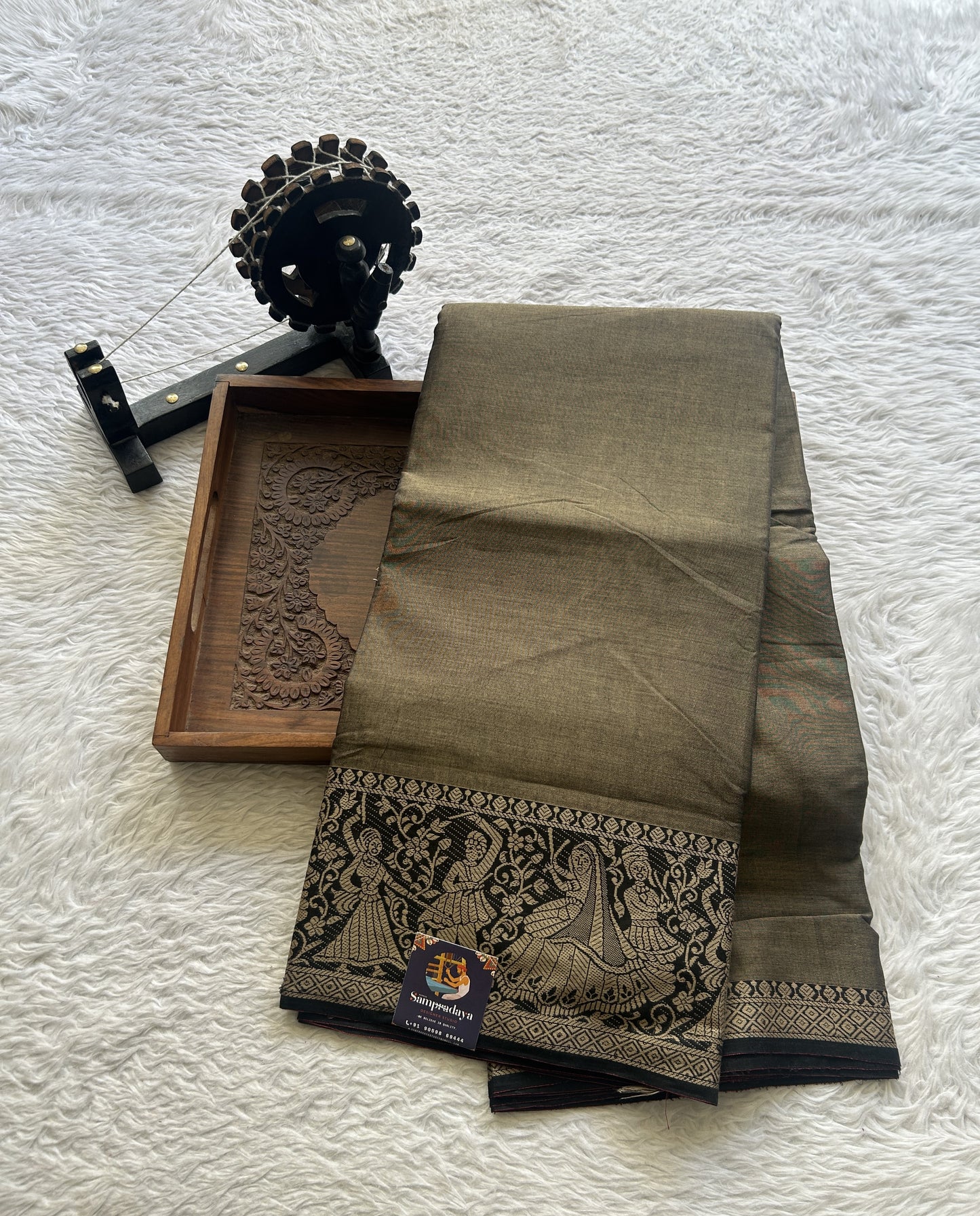 Narayanpet Cotton Saree Latte Colored Complemented with a Minakari Thread Border. - Sampradaya Designer Studio
