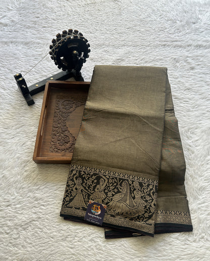 Narayanpet Cotton Saree Latte Colored Complemented with a Minakari Thread Border. - Sampradaya Designer Studio