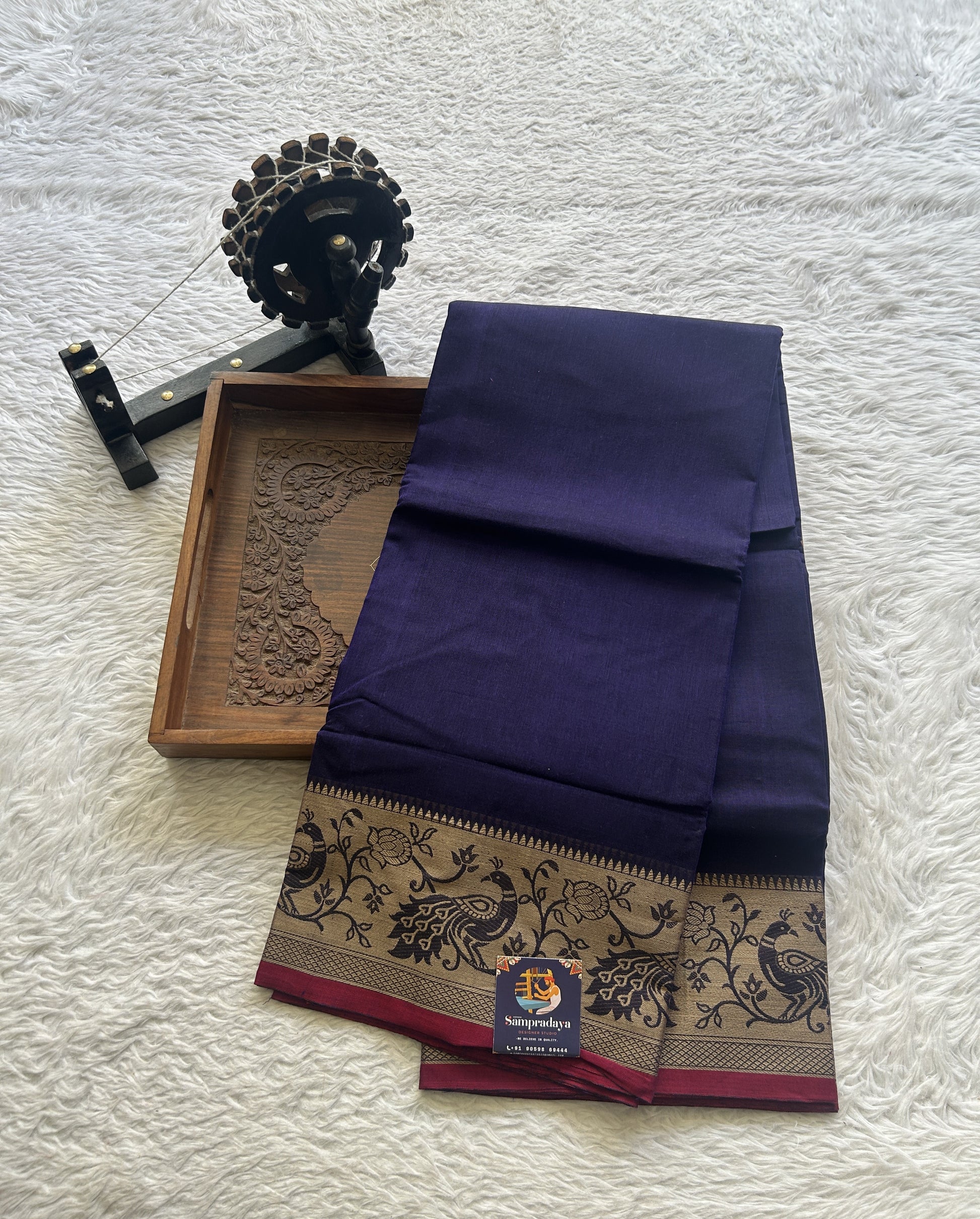 Narayanpet Cotton Saree Violet Colored Complemented with a Minakari Thread Border. - Sampradaya Designer Studio