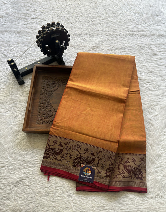 Narayanpet Cotton Saree Pale Orange Colored Complemented with a Minakari Thread Border. - Sampradaya Designer Studio