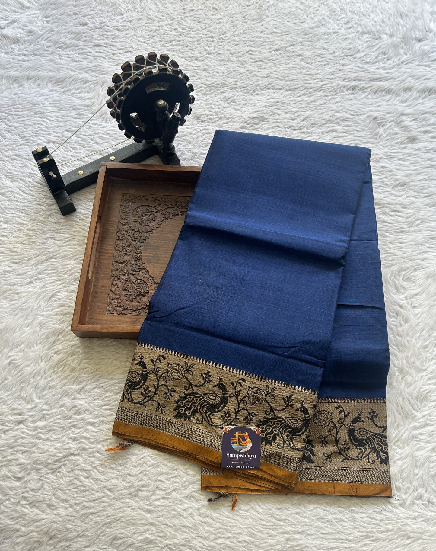 Narayanpet Cotton Saree Cobalt Blue Colored Complemented with a Minakari Thread Border. - Sampradaya Designer Studio