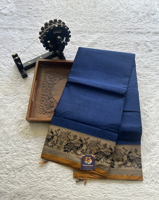 Narayanpet Cotton Saree Cobalt Blue Colored Complemented with a Minakari Thread Border. - Sampradaya Designer Studio