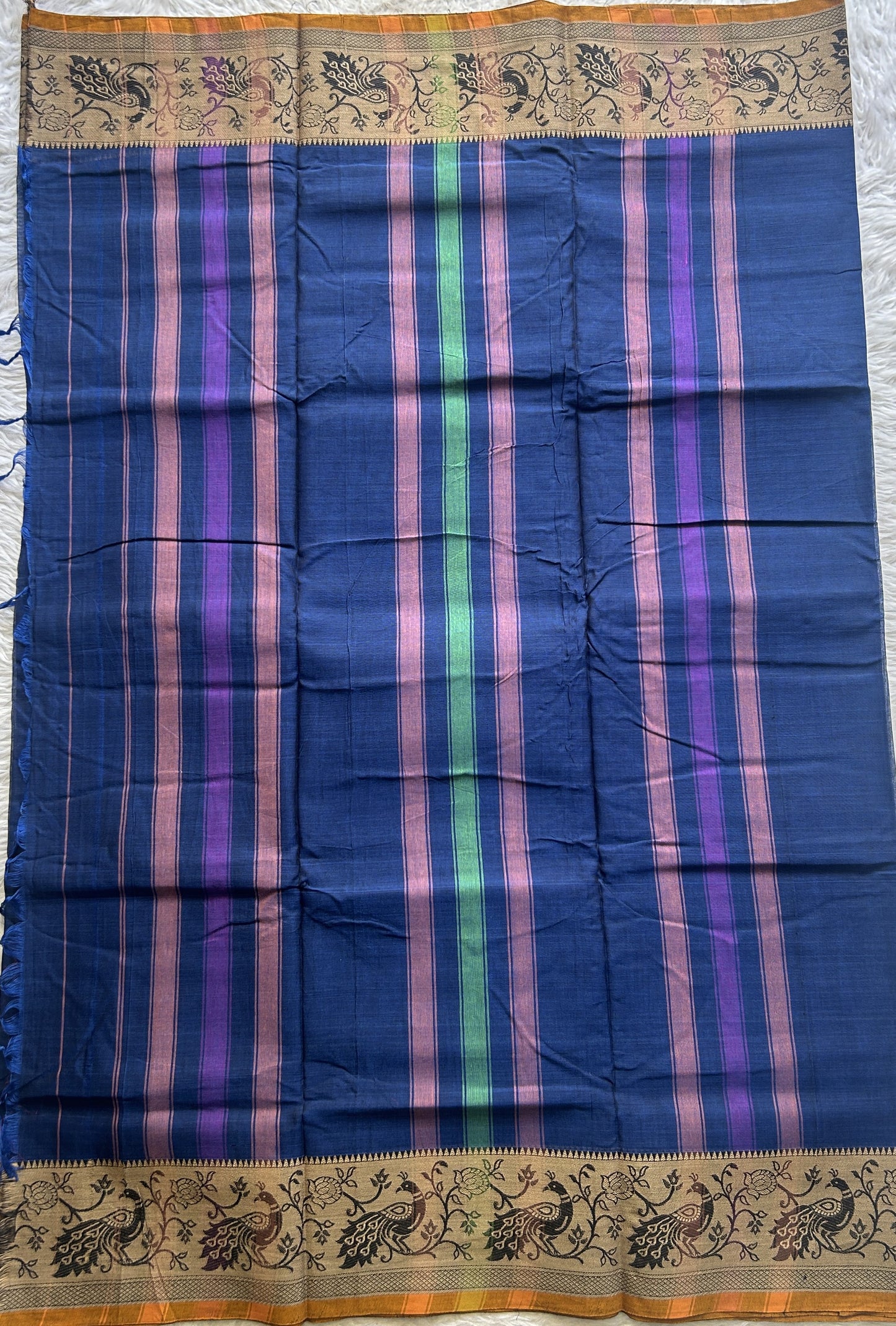 Narayanpet Cotton Saree Cobalt Blue Colored Complemented with a Minakari Thread Border. - Sampradaya Designer Studio