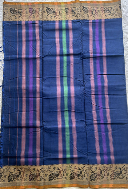 Narayanpet Cotton Saree Cobalt Blue Colored Complemented with a Minakari Thread Border. - Sampradaya Designer Studio