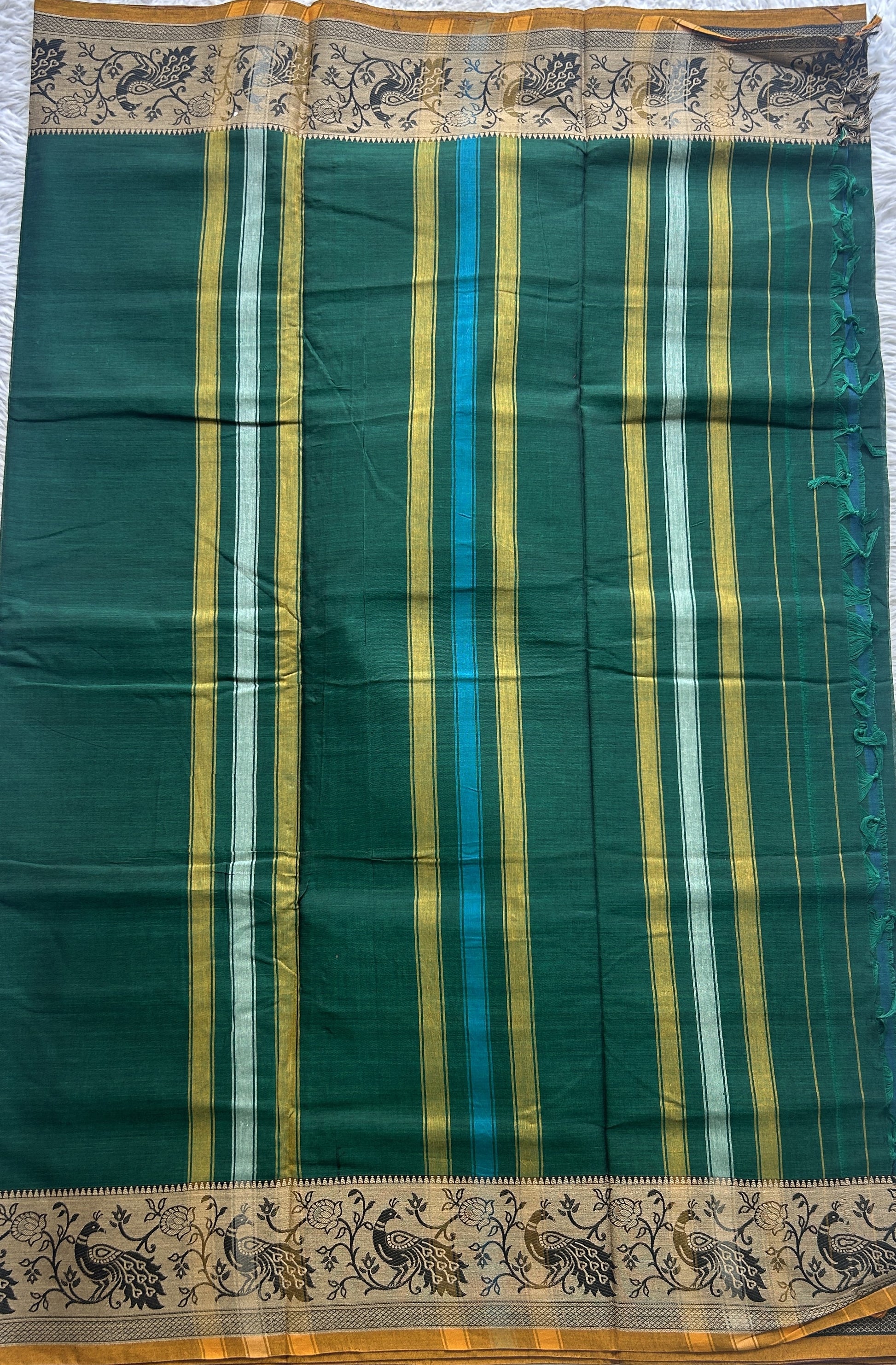 Narayanpet Cotton Saree Dark Green Colored Complemented with a Minakari Thread Border. - Sampradaya Designer Studio