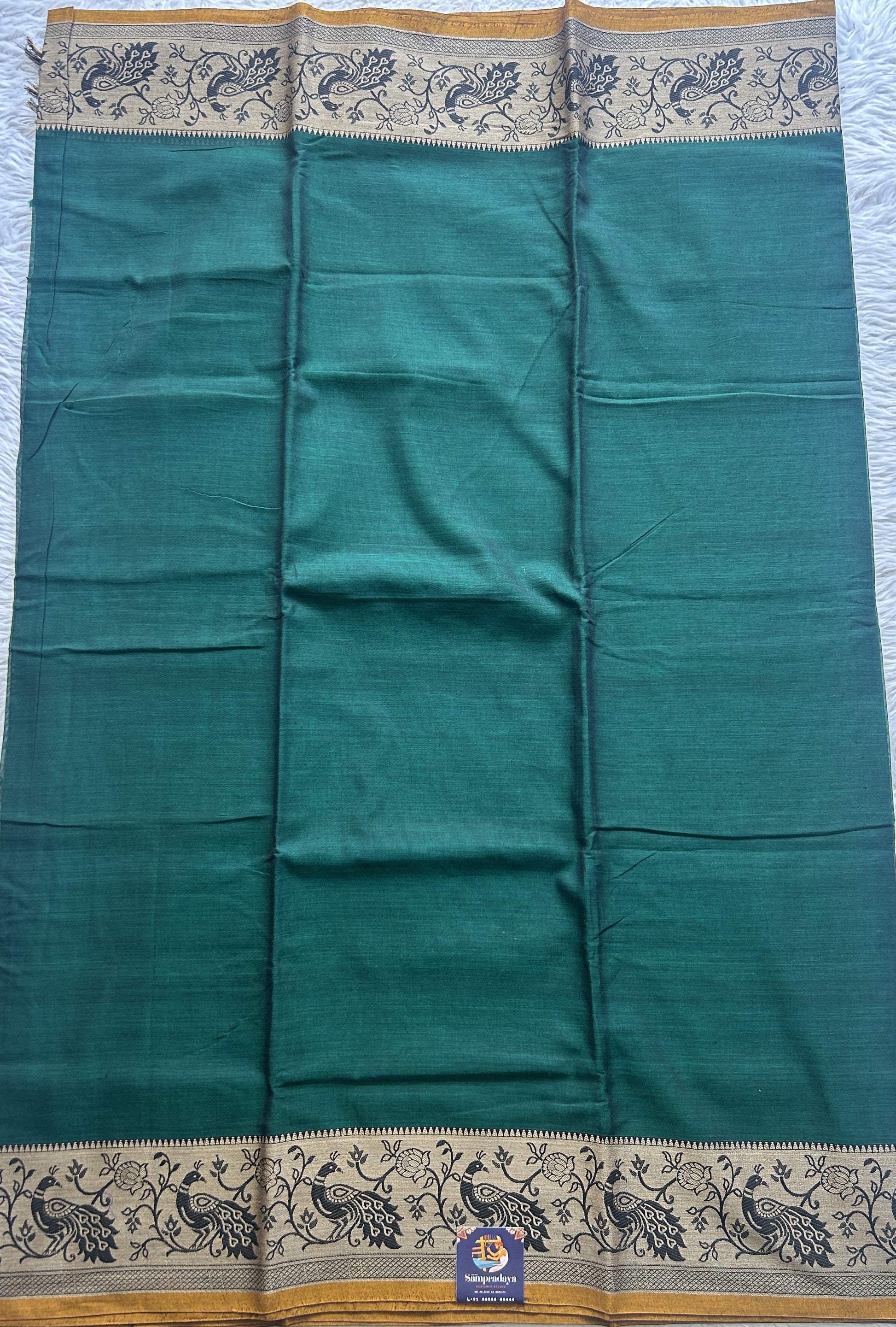 Narayanpet Cotton Saree Dark Green Colored Complemented with a Minakari Thread Border. - Sampradaya Designer Studio