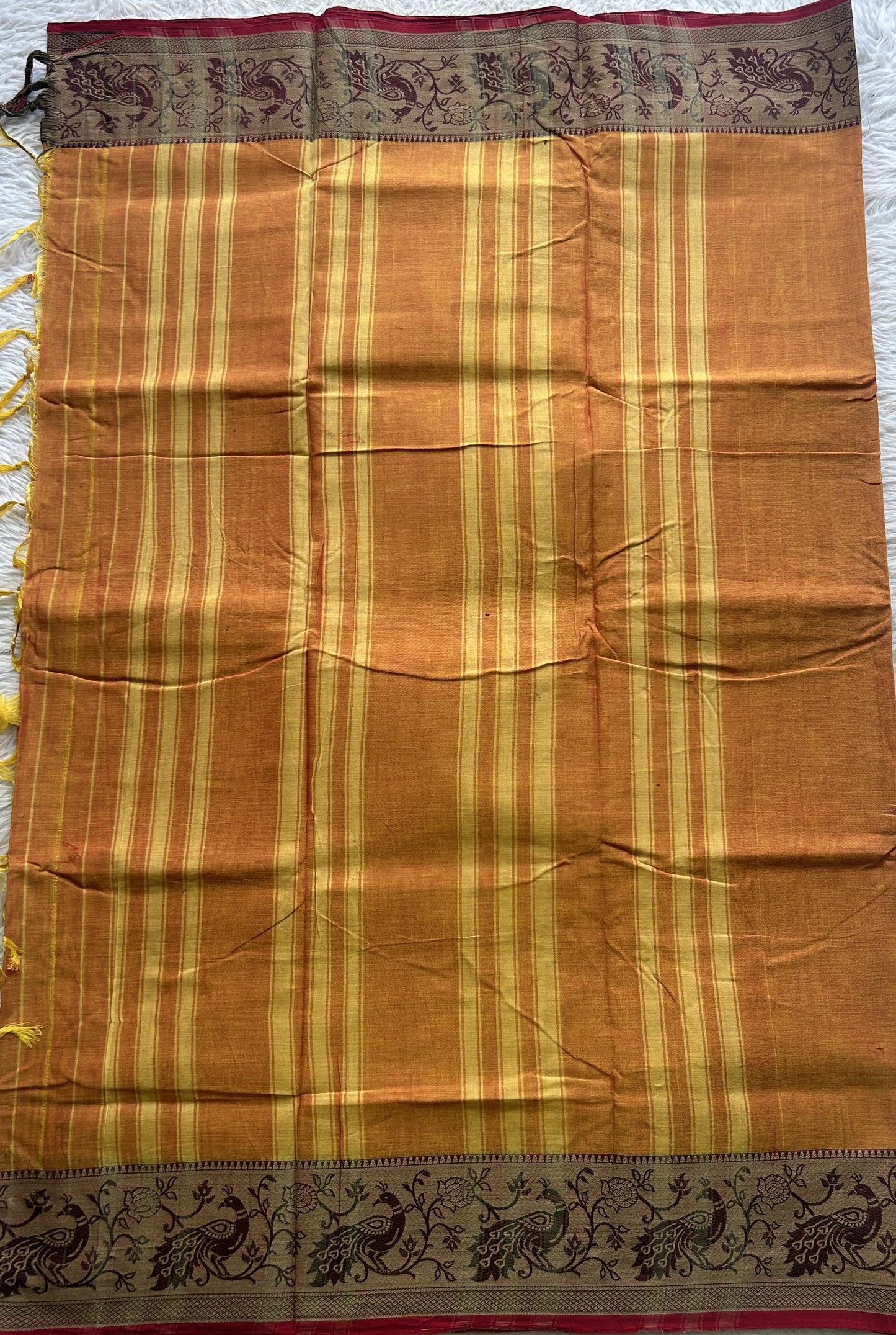 Narayanpet Cotton Saree Pale Orange Colored Complemented with a Minakari Thread Border. - Sampradaya Designer Studio