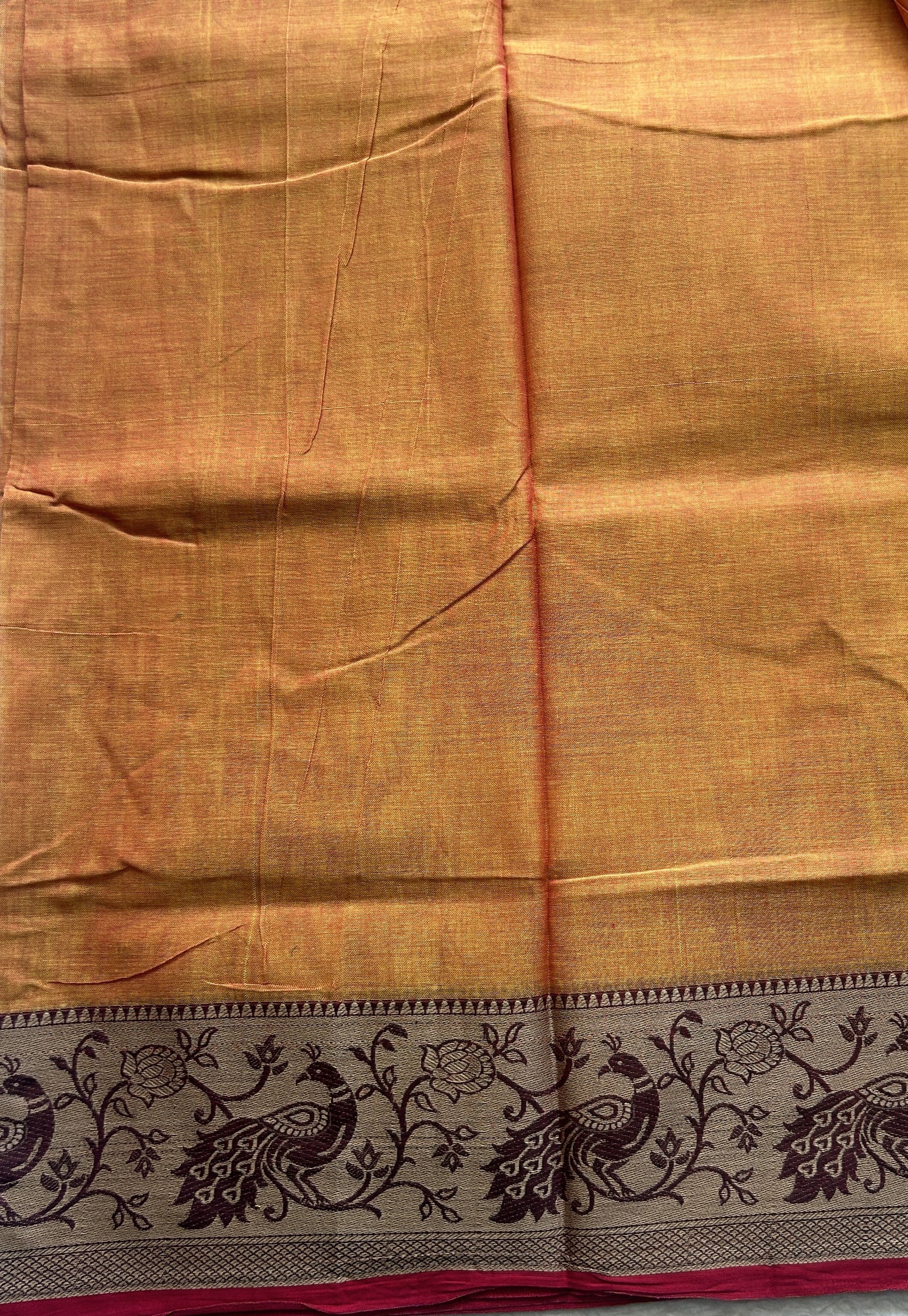 Narayanpet Cotton Saree Pale Orange Colored Complemented with a Minakari Thread Border. - Sampradaya Designer Studio
