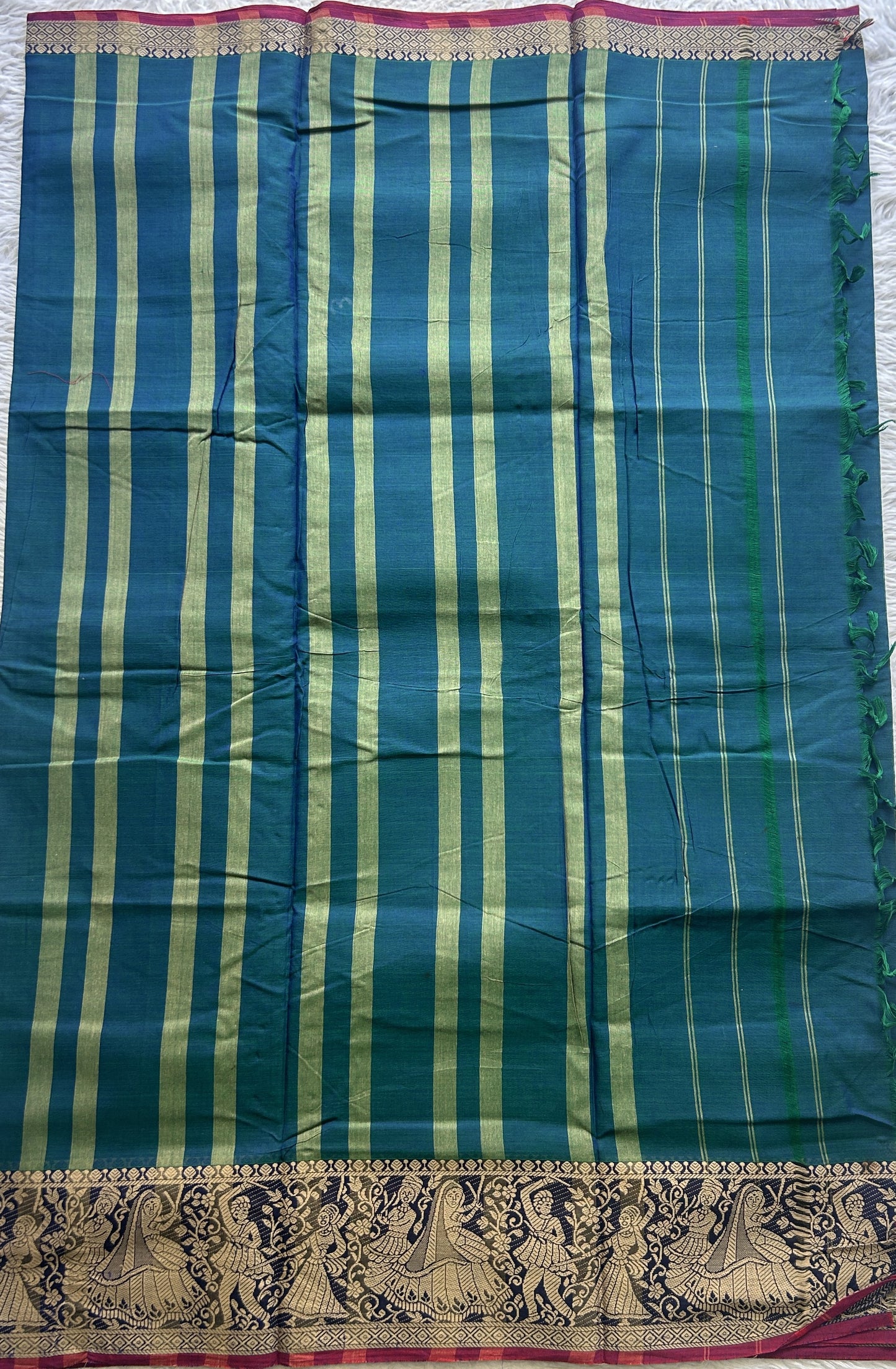 Narayanpet Cotton Saree Peacock Blue Colored Complemented with a Minakari Thread Border. - Sampradaya Designer Studio