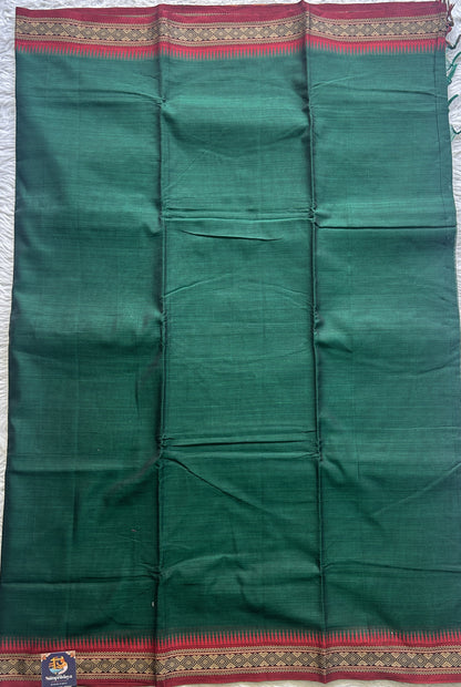 Narayanpet Cotton Saree Bottle Green Colored Complemented with a Thread Border. - Sampradaya Designer Studio