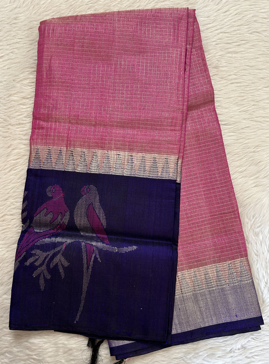 Venkatagiri Sico Saree Pink Colored Complemented with a Ink Blue Pattu Border. - Sampradaya Designer Studio