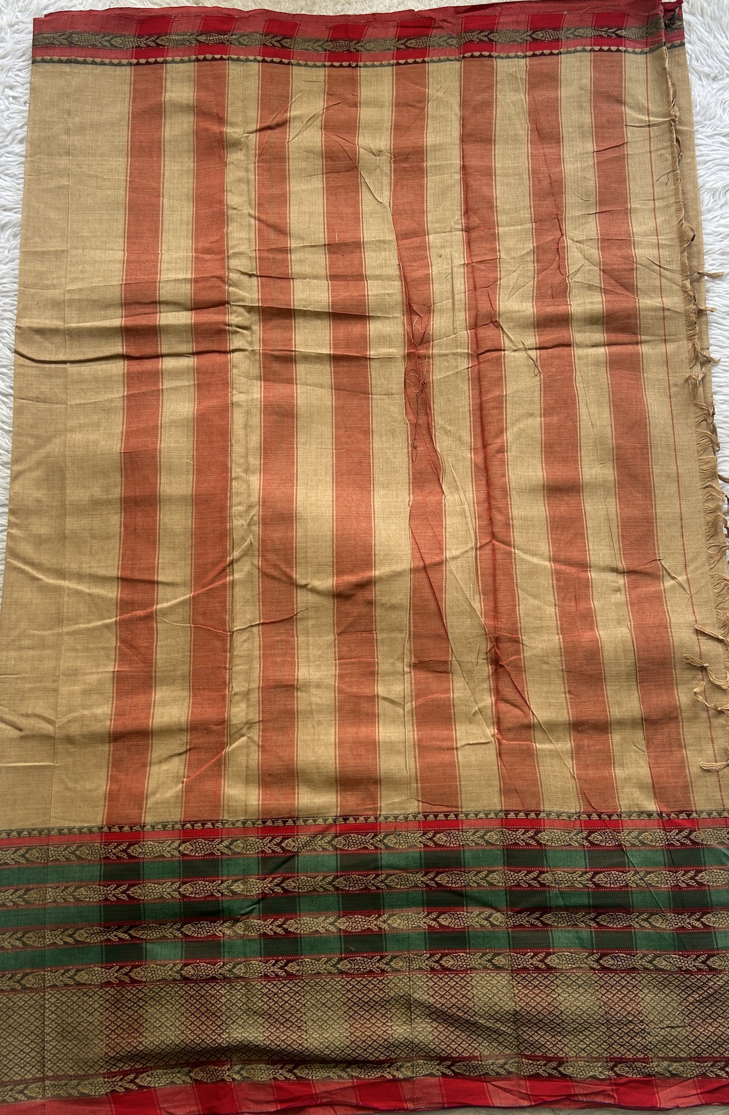 Narayanpet Cotton Saree Beige Colored Complemented with a Gap Border. - Sampradaya Designer Studio