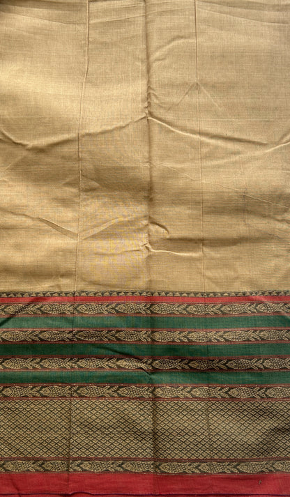 Narayanpet Cotton Saree Beige Colored Complemented with a Gap Border. - Sampradaya Designer Studio