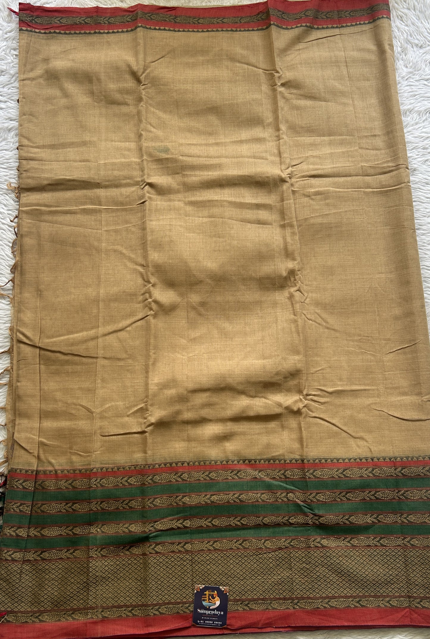 Narayanpet Cotton Saree Beige Colored Complemented with a Gap Border. - Sampradaya Designer Studio