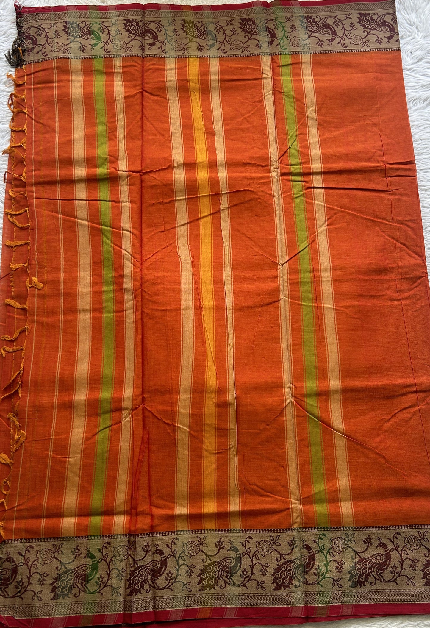 Narayanpet Cotton Saree Orange Colored Complemented with a Minakari Border. - Sampradaya Designer Studio