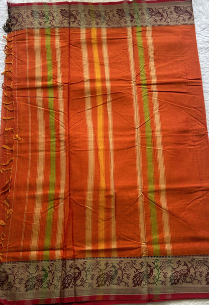 Narayanpet Cotton Saree Orange Colored Complemented with a Minakari Border. - Sampradaya Designer Studio