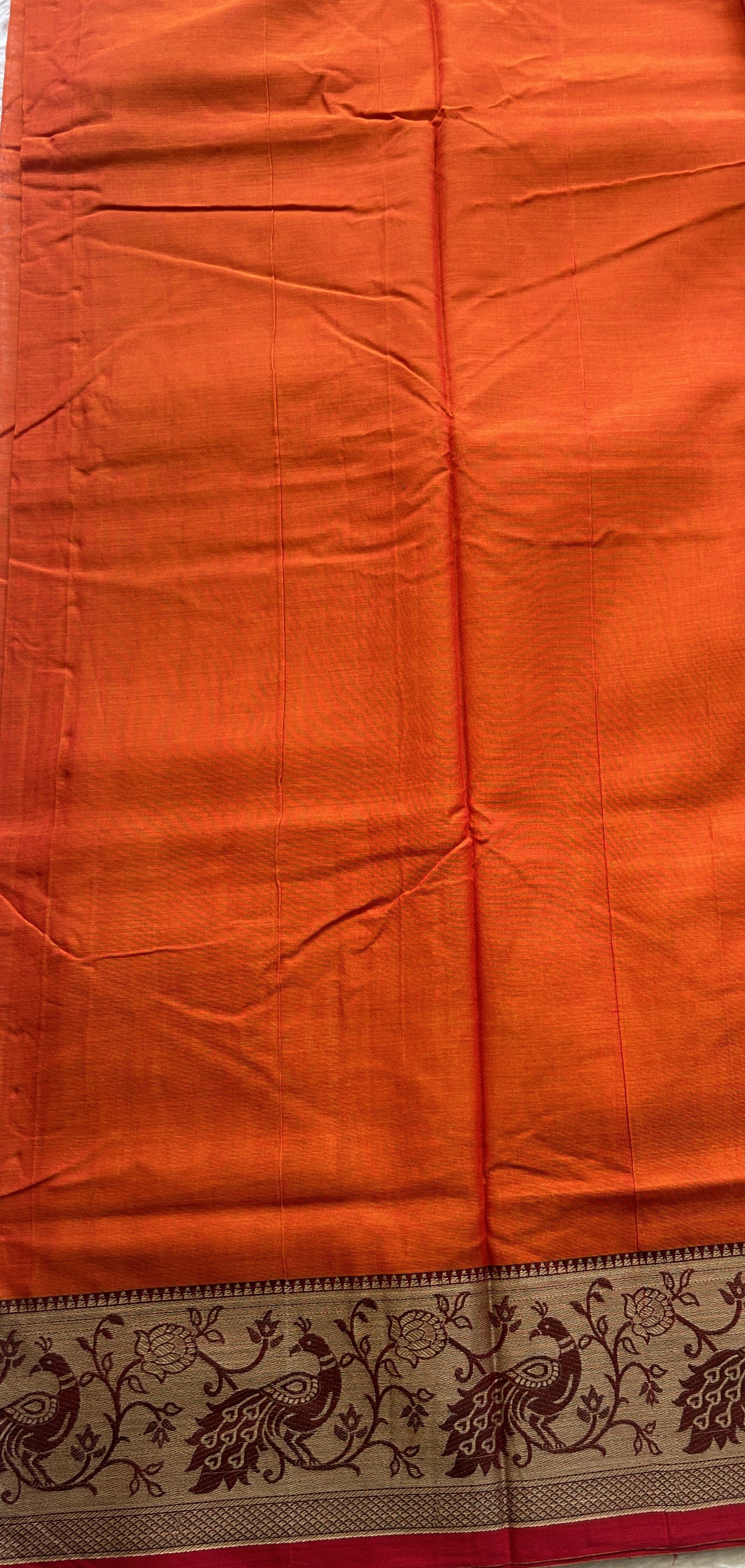 Narayanpet Cotton Saree Orange Colored Complemented with a Minakari Border. - Sampradaya Designer Studio
