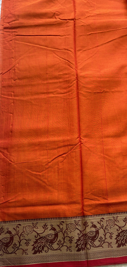 Narayanpet Cotton Saree Orange Colored Complemented with a Minakari Border. - Sampradaya Designer Studio