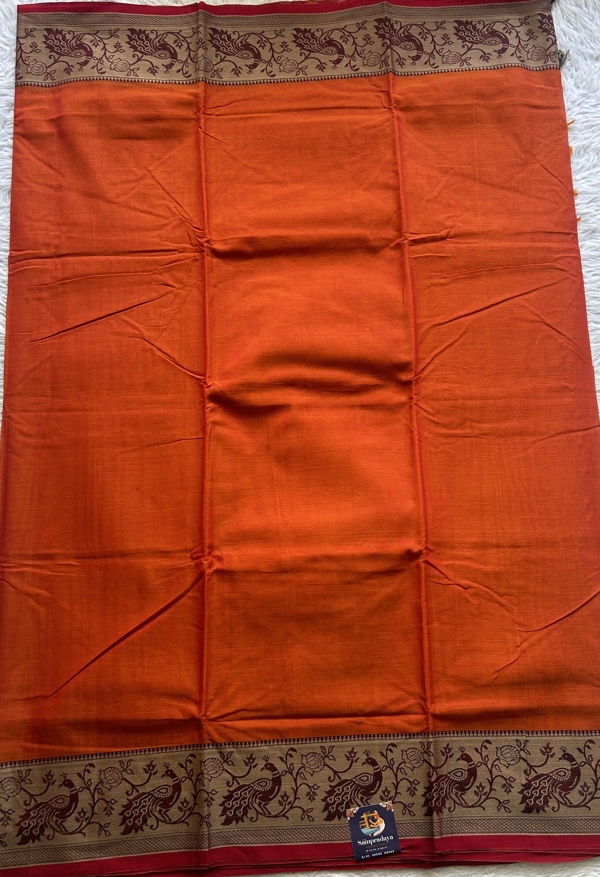 Narayanpet Cotton Saree Orange Colored Complemented with a Minakari Border. - Sampradaya Designer Studio
