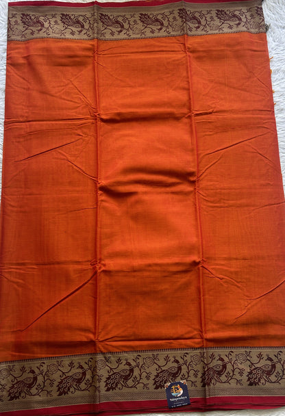 Narayanpet Cotton Saree Orange Colored Complemented with a Minakari Border. - Sampradaya Designer Studio
