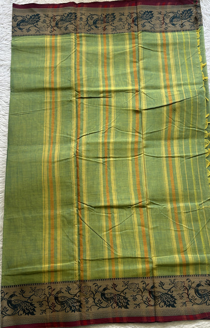 Narayanpet Cotton Saree Cool Green Colored Complemented with a Minakari Border. - Sampradaya Designer Studio