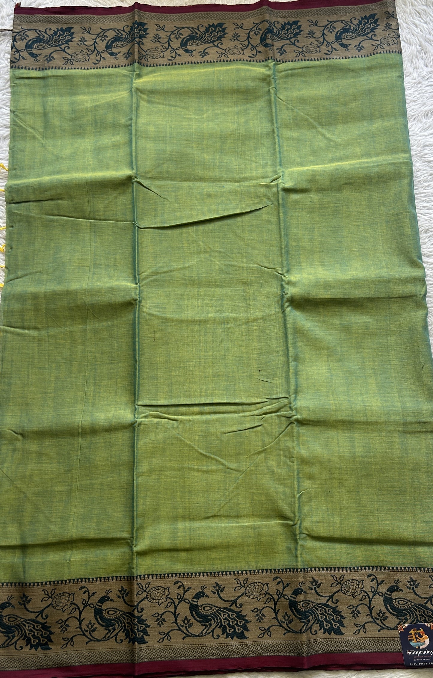 Narayanpet Cotton Saree Cool Green Colored Complemented with a Minakari Border. - Sampradaya Designer Studio