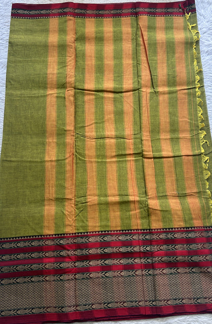 Narayanpet Cotton Saree Olive Green Colored Complemented with a Gap Border. - Sampradaya Designer Studio