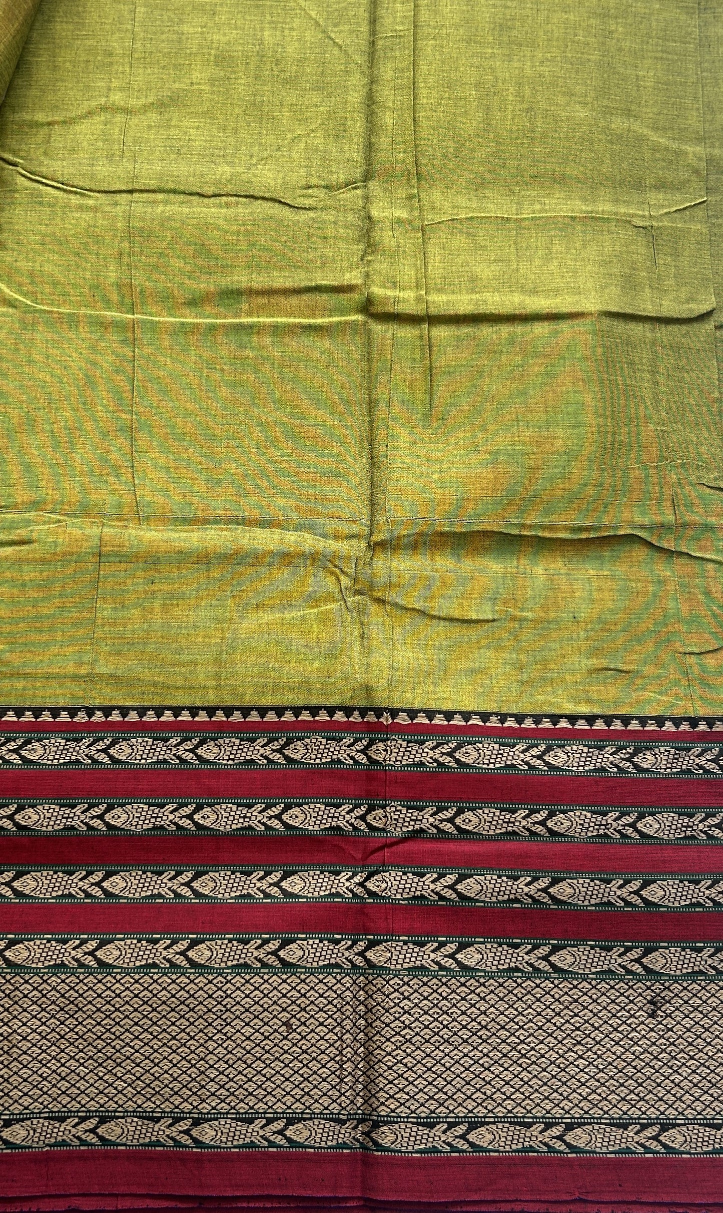 Narayanpet Cotton Saree Olive Green Colored Complemented with a Gap Border. - Sampradaya Designer Studio