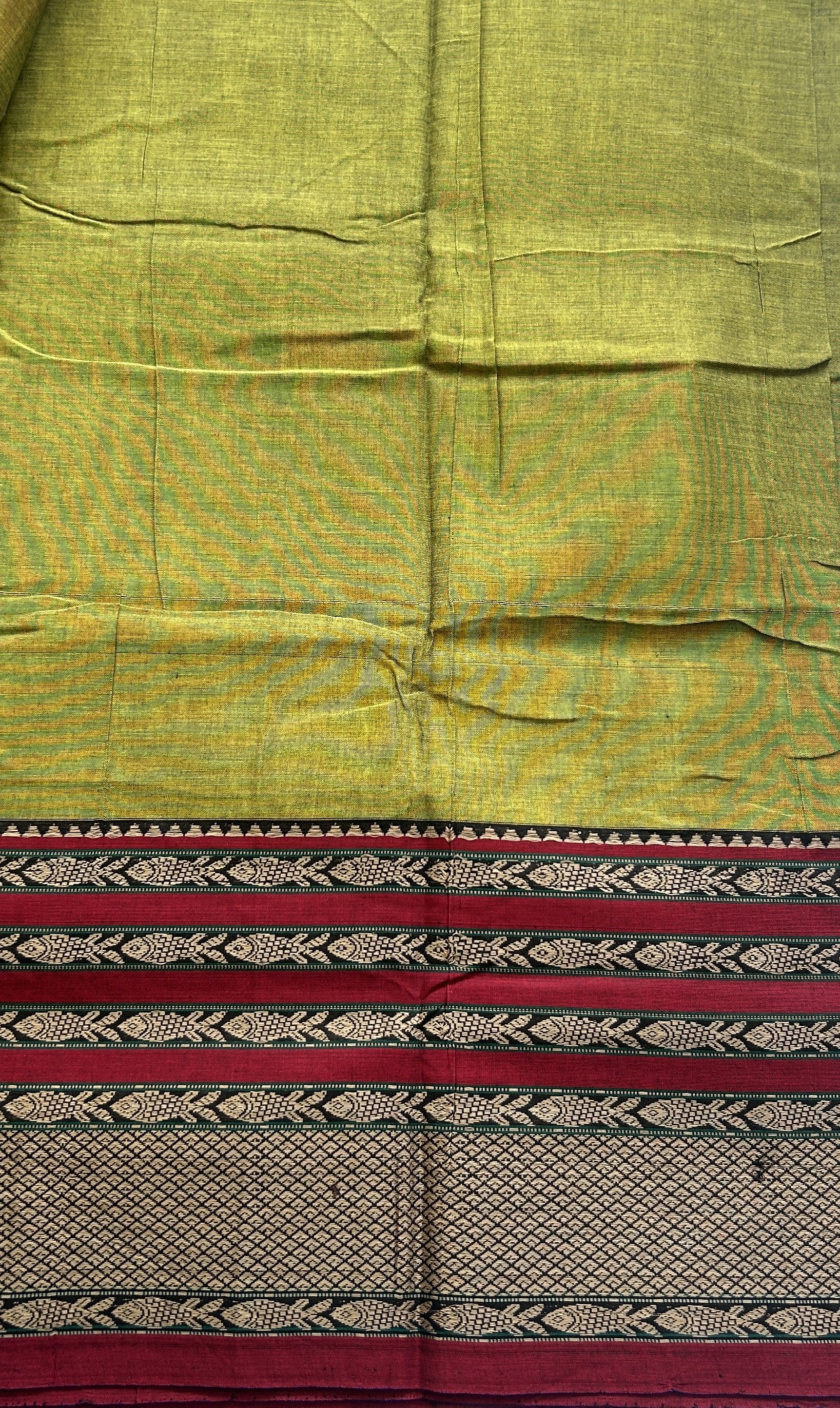 Narayanpet Cotton Saree Olive Green Colored Complemented with a Gap Border. - Sampradaya Designer Studio