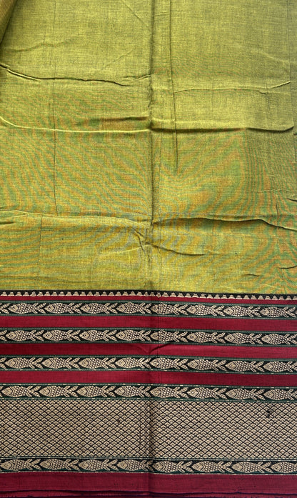 Narayanpet Cotton Saree Olive Green Colored Complemented with a Gap Border. - Sampradaya Designer Studio