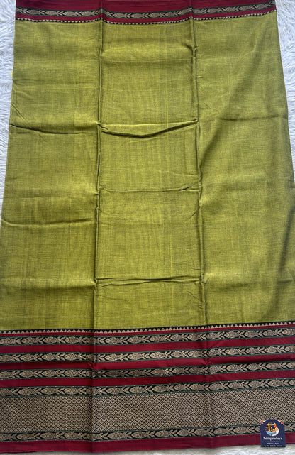 Narayanpet Cotton Saree Olive Green Colored Complemented with a Gap Border. - Sampradaya Designer Studio