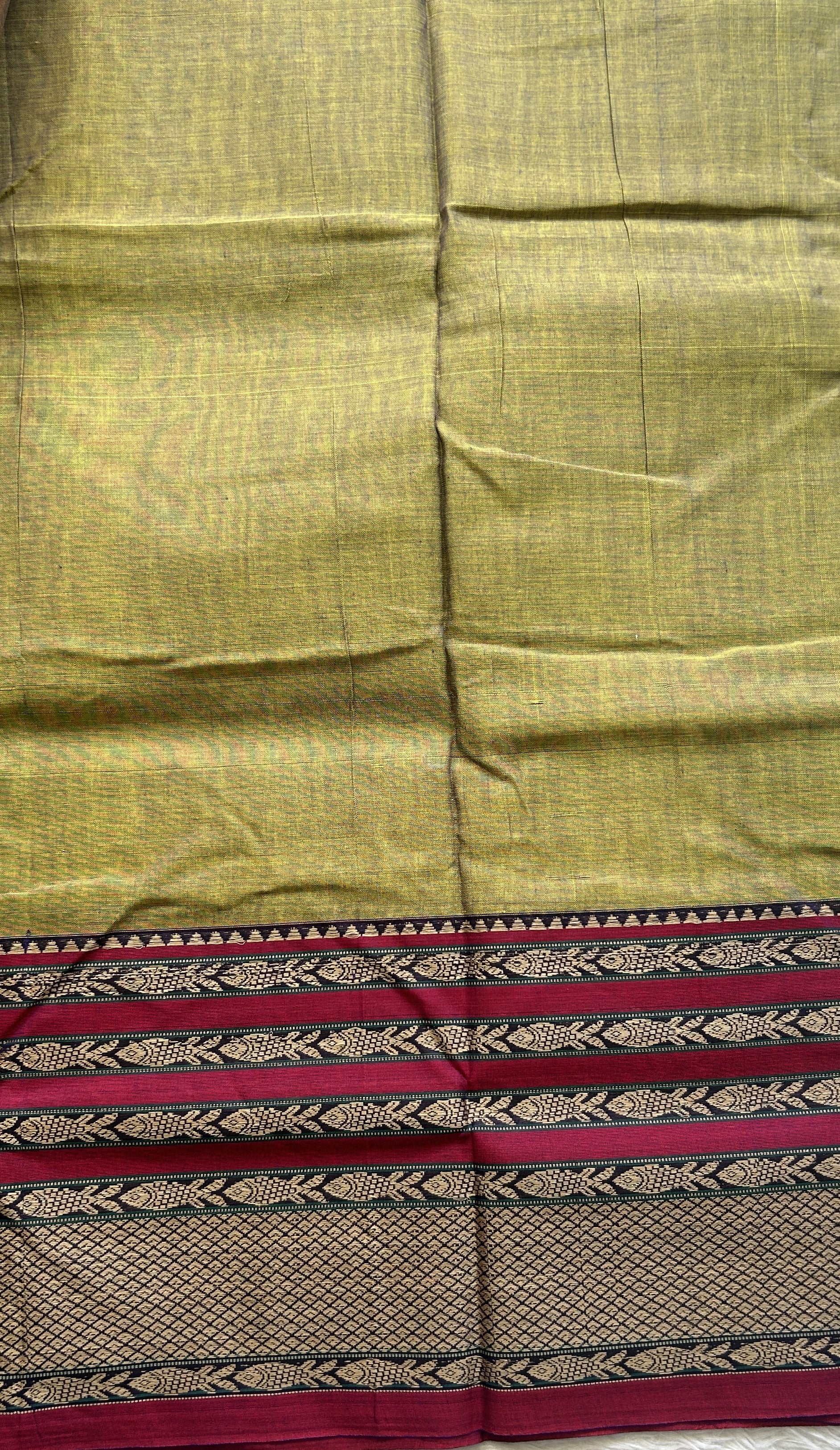 Narayanpet Cotton Saree Avocado Colored Complemented with a Thread Border. - Sampradaya Designer Studio