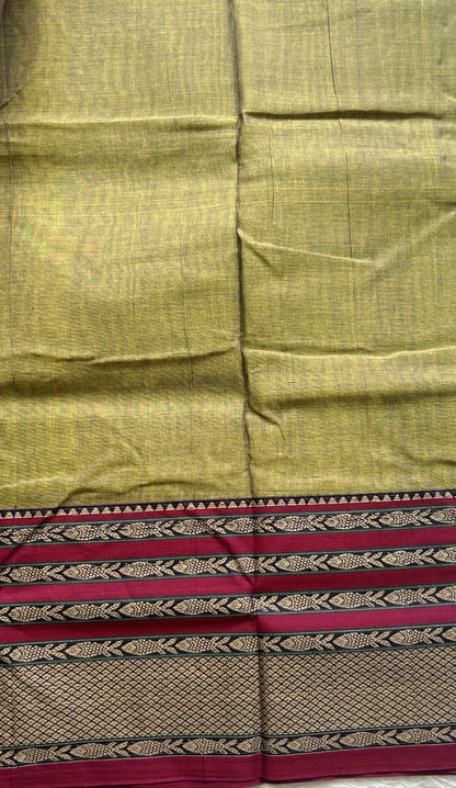 Narayanpet Cotton Saree Avocado Colored Complemented with a Thread Border. - Sampradaya Designer Studio