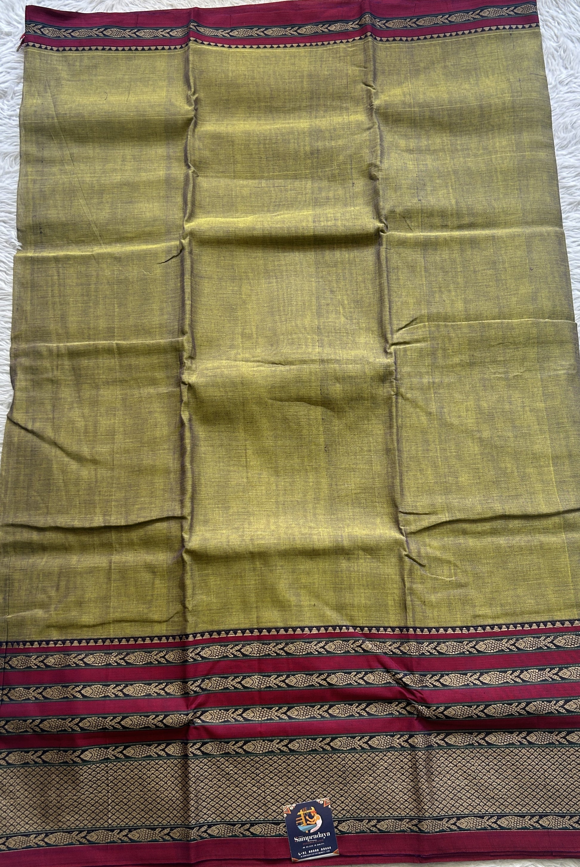Narayanpet Cotton Saree Avocado Colored Complemented with a Thread Border. - Sampradaya Designer Studio