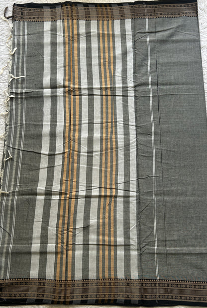 Narayanpet Cotton Saree Ash Colored Complemented with a Black Thread Border. - Sampradaya Designer Studio
