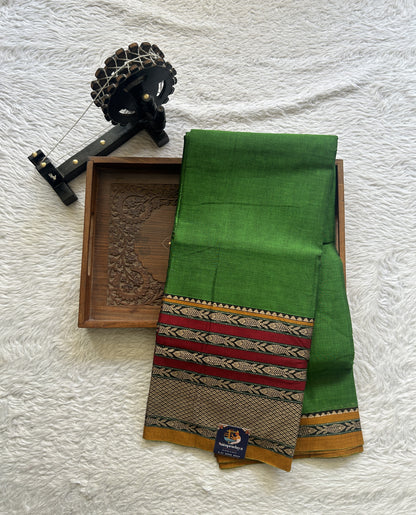 Narayanpet Cotton Saree Leaf Green Colored Complemented with a Minakari Thread Border. - Sampradaya Designer Studio