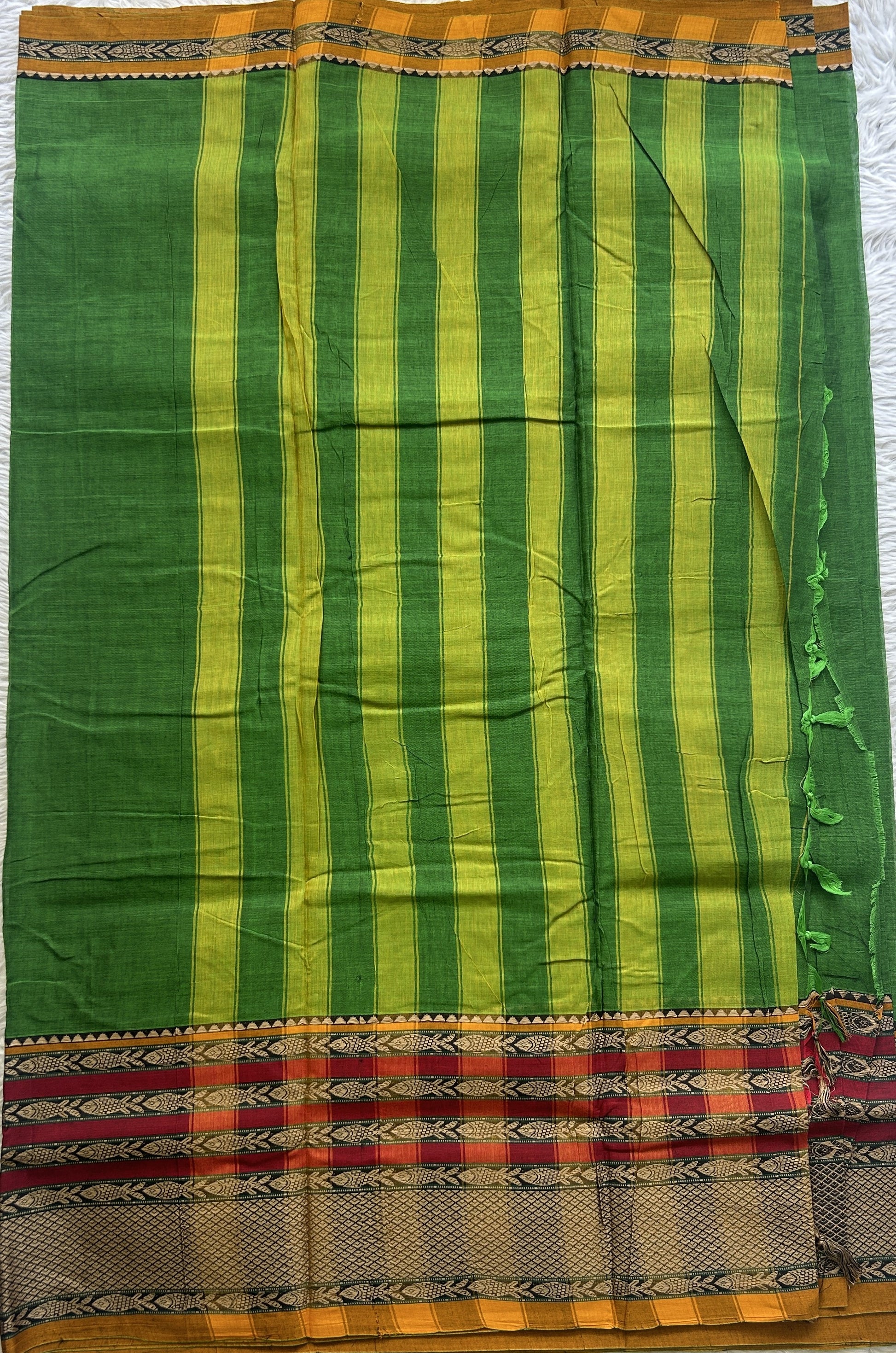 Narayanpet Cotton Saree Leaf Green Colored Complemented with a Minakari Thread Border. - Sampradaya Designer Studio