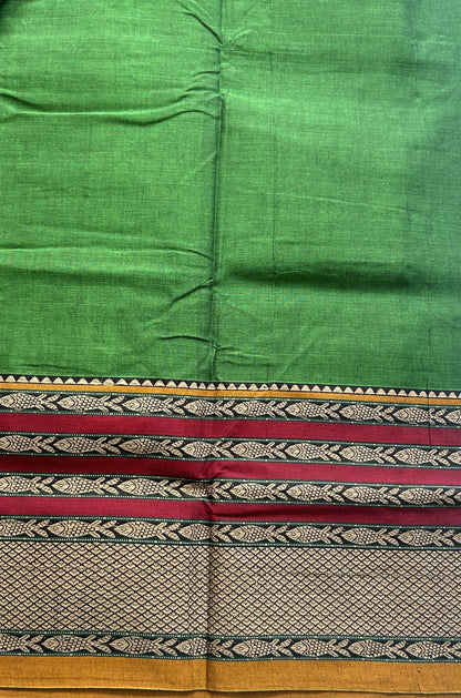 Narayanpet Cotton Saree Leaf Green Colored Complemented with a Minakari Thread Border. - Sampradaya Designer Studio