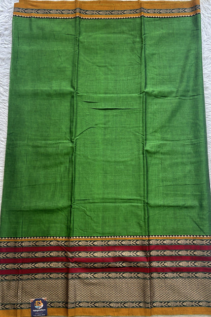 Narayanpet Cotton Saree Leaf Green Colored Complemented with a Minakari Thread Border. - Sampradaya Designer Studio