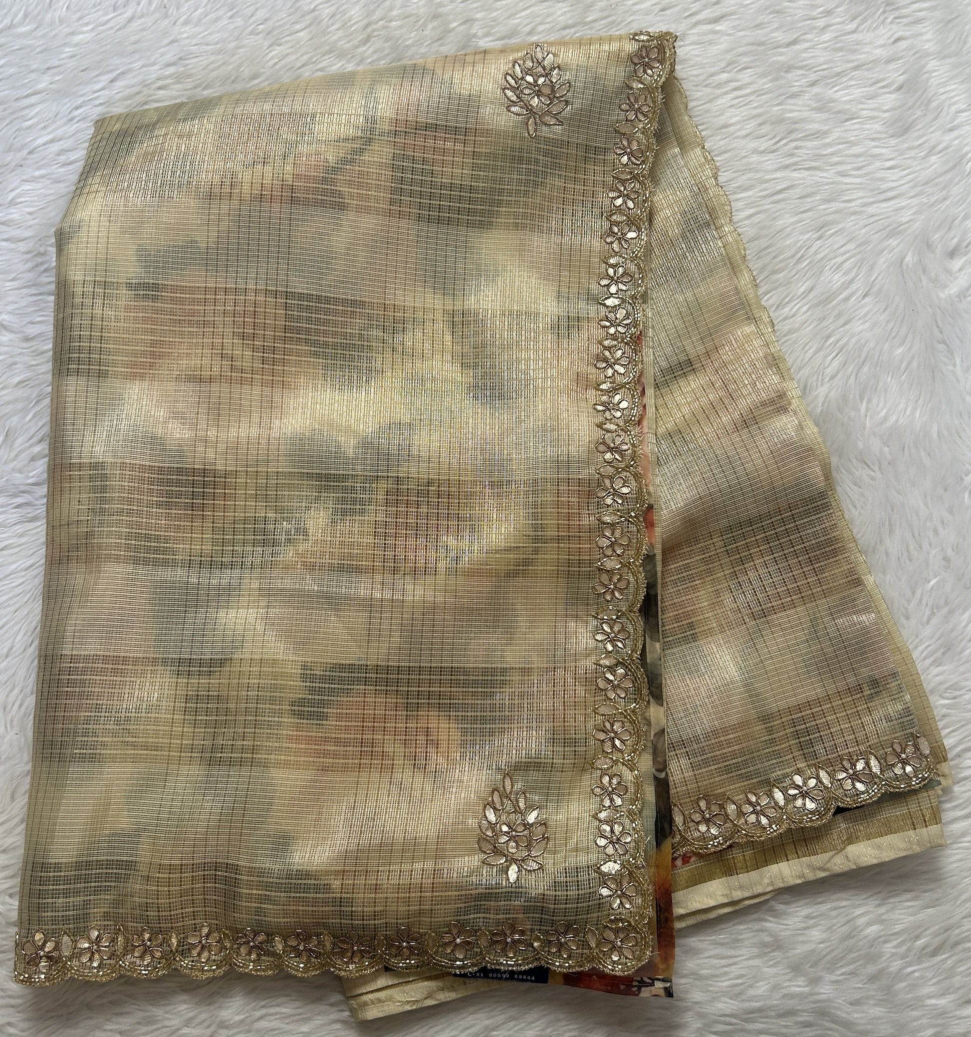 Silk kota Saree Cream colored Complemented with a Hand Embroidery Border. - Sampradaya Designer Studio