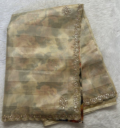 Silk kota Saree Cream colored Complemented with a Hand Embroidery Border. - Sampradaya Designer Studio