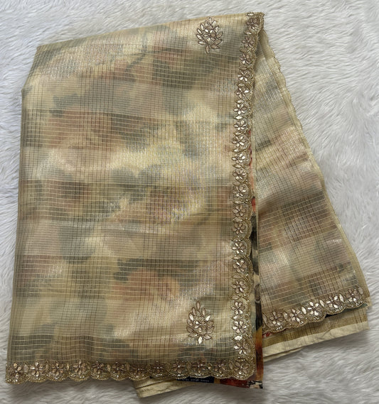 Silk kota Saree Cream colored Complemented with a Hand Embroidery Border. - Sampradaya Designer Studio