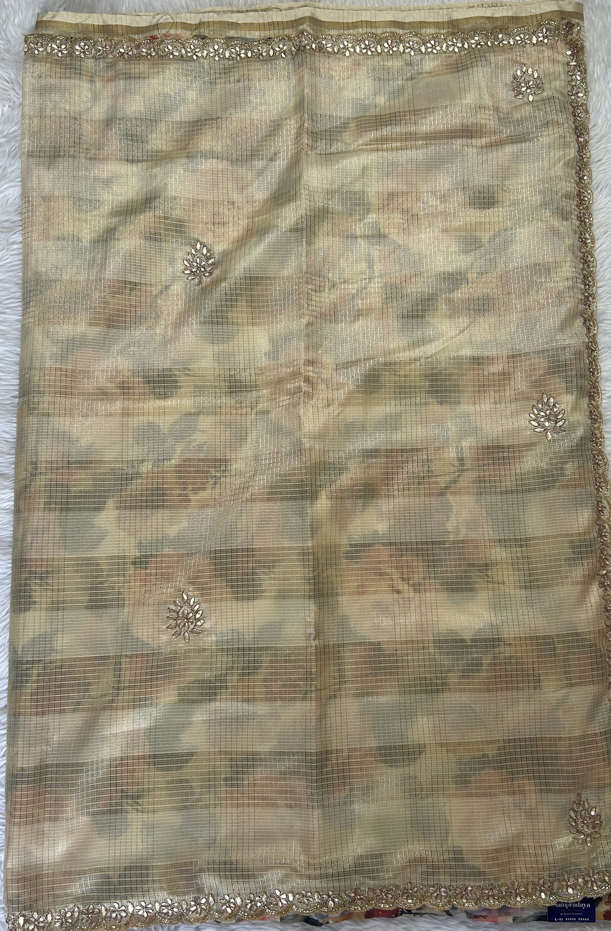 Silk kota Saree Cream colored Complemented with a Hand Embroidery Border. - Sampradaya Designer Studio