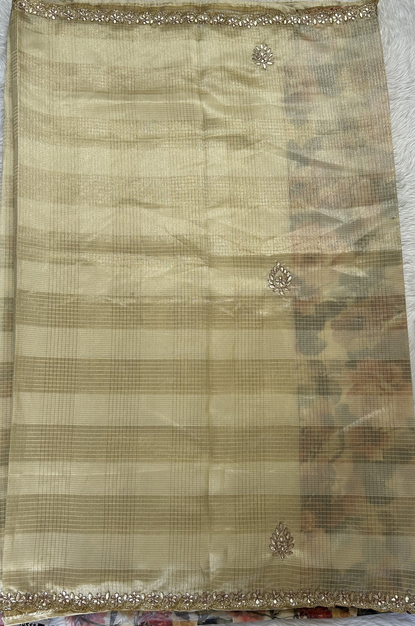 Silk kota Saree Cream colored Complemented with a Hand Embroidery Border. - Sampradaya Designer Studio
