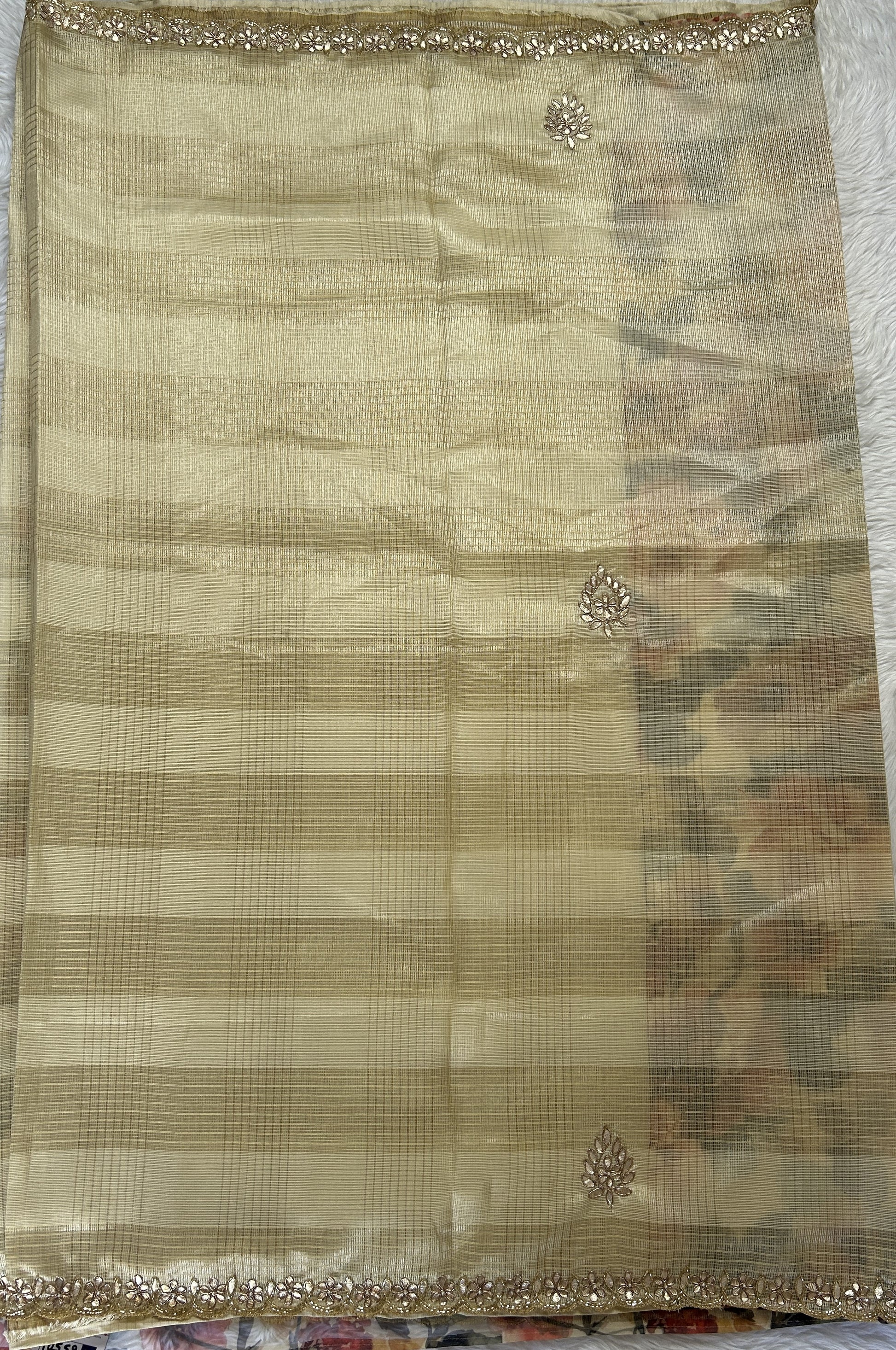 Silk kota Saree Cream colored Complemented with a Hand Embroidery Border. - Sampradaya Designer Studio