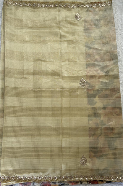 Silk kota Saree Cream colored Complemented with a Hand Embroidery Border. - Sampradaya Designer Studio