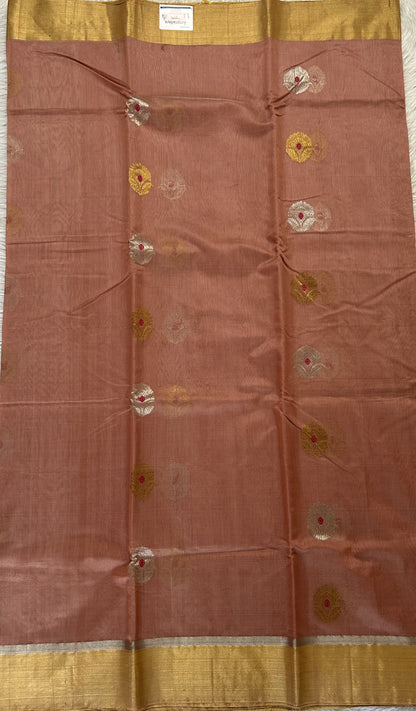 Chanderi Sico Saree Dark Peach Colored Complemented with a Zari Border. - Sampradaya Designer Studio