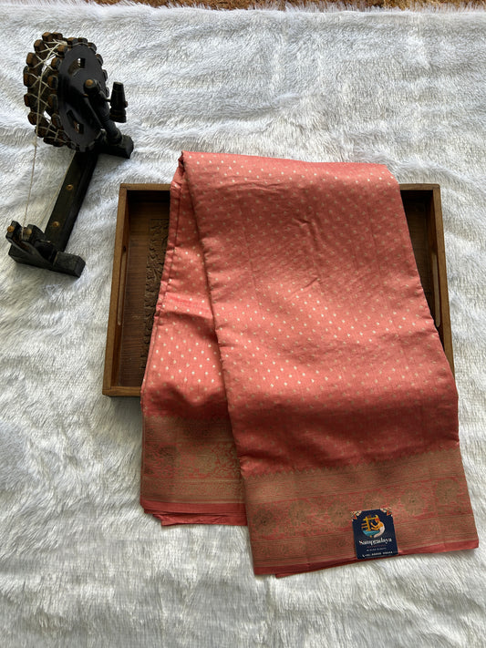 Pure Chiniya Silk Saree Onion Pink Colored Elegantly Paired with a Gold Zari Border.