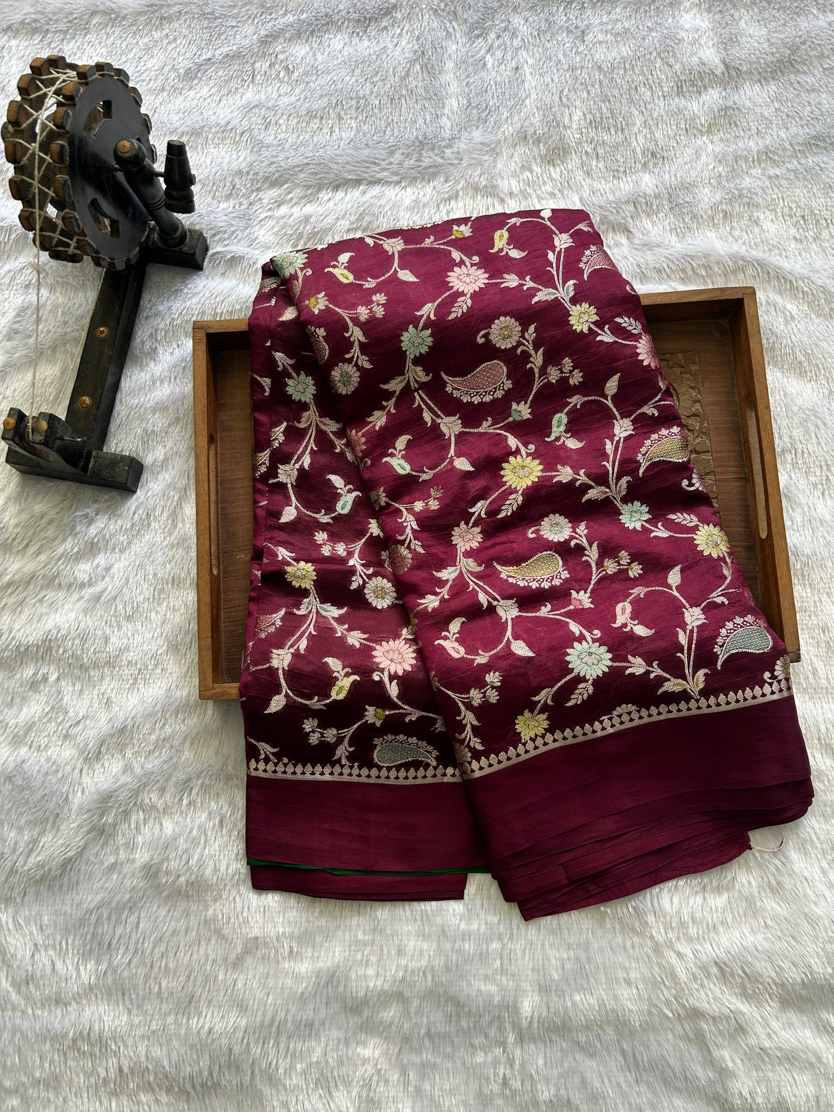 Pure Chiniya Silk Saree Mint Purple Colored Elegantly Paired with a Gold Zari Border.