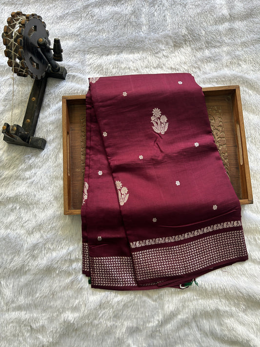 Pure Chiniya Silk Saree Wine Colored Elegantly Paired with a Gold Zari Border. Purple